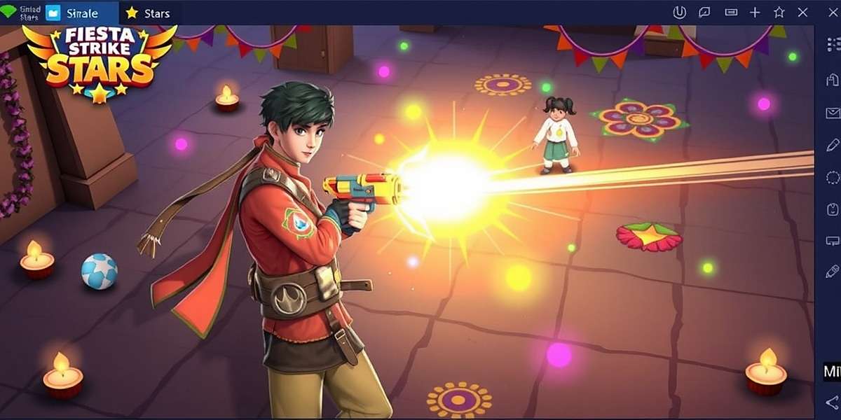 Diwali Extravaganza in Fiesta Strike Stars Fiesta Strike Stars Diwali event showing a player in special Diwali outfit using a Patakha Launcher in a map decorated with diyas and rangolis